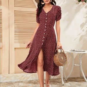 Boho burgundy ditsy floral button through slit dress